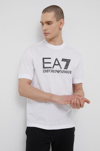 Bavlněné tričko EA7 Emporio Armani bílá barva, s potiskem
