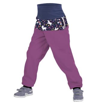 Unuo, Batolecí softshellové kalhoty s fleecem, Ostružinová, Jednorožci Velikost: 86/92 SLIM dětské kalhoty