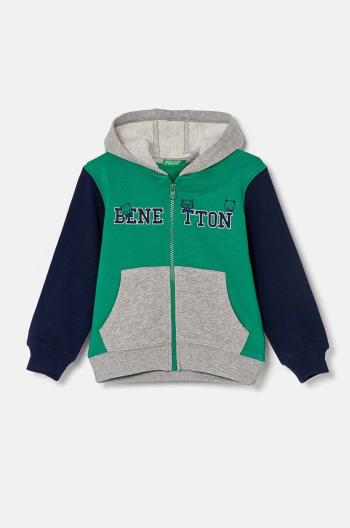 Dětská bavlněná mikina United Colors of Benetton zelená barva, s kapucí, vzorovaná, 3J68G5034