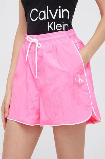Kraťasy Calvin Klein Jeans dámské, růžová barva, s potiskem, high waist