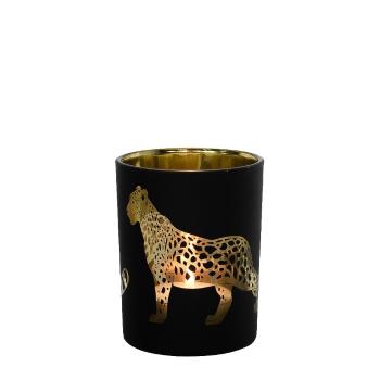 Černo zlatý skleněný svícen s jaguárem S - 7*7*8cm XMWLJZS