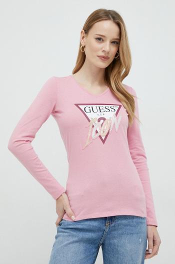 Bavlněné tričko s dlouhým rukávem Guess růžová barva