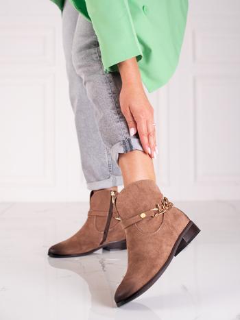 Designové  kotníčkové boty dámské hnědé na plochém podpatku