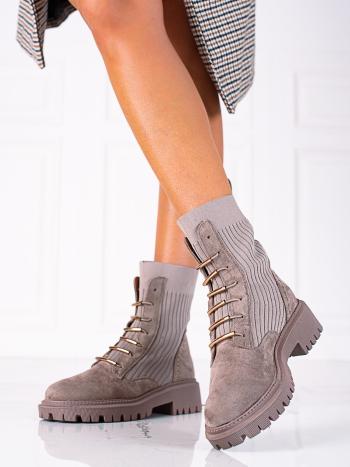 Luxusní dámské  kotníčkové boty hnědé na plochém podpatku