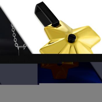 Ocelový přívěsek - široký kříž zlaté barvy s černým očkem uprostřed