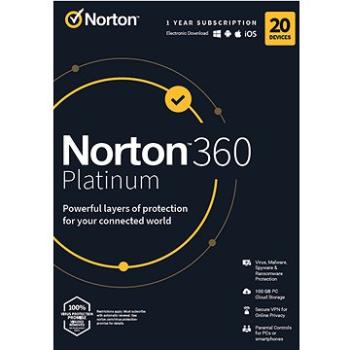 Norton 360 Platinum 100GB, VPN, 1 uživatel, 20 zařízení, 12 měsíců (elektronická licence) (21428036)