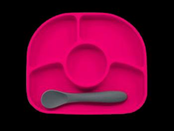 Bblüv Yümi Silikonový talířek a lžička, růžová 2 ks
