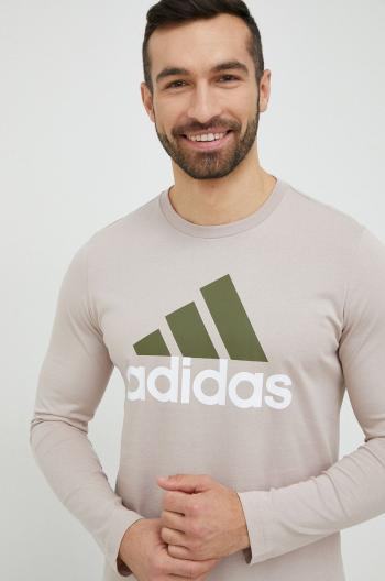 Bavlněné tričko s dlouhým rukávem adidas béžová barva, s potiskem