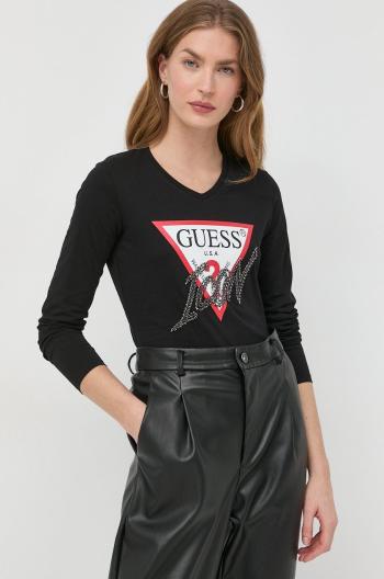 Bavlněné tričko s dlouhým rukávem Guess černá barva