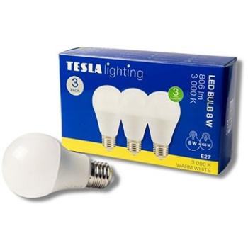 Tesla - LED žárovka BULB E27, 8W, 230V, 806lm, 25 000h, 3000K teplá bílá, 220st 3ks v balení (BL270830-3PACK)