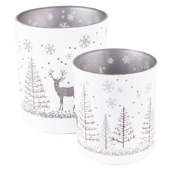 2ks bílý skleněný svícen na čajovou svíčku s jelenem a stromky - Ø 7*8/ Ø 9*10cm 6GL4105