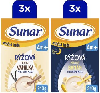 Sunar mléčná rýžová kaše mix příchutí, 4m+, 6 x 210g