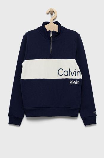 Dětská bavlněná mikina Calvin Klein Jeans tmavomodrá barva, s potiskem