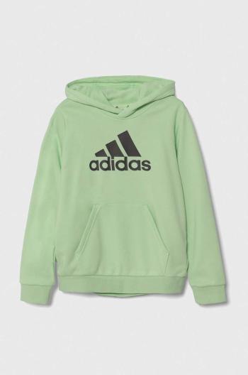 Dětská mikina adidas zelená barva, s kapucí, s potiskem