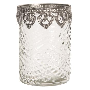 Skleněný transparentní svícen na čajovou svíčku s kovovým zdobením - Ø 8*12 cm 6GL2627