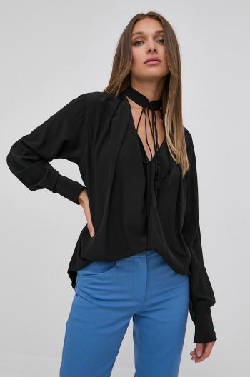 Hedvábné tričko Victoria Beckham dámská, černá barva, relaxed, s vázaným výstřihem