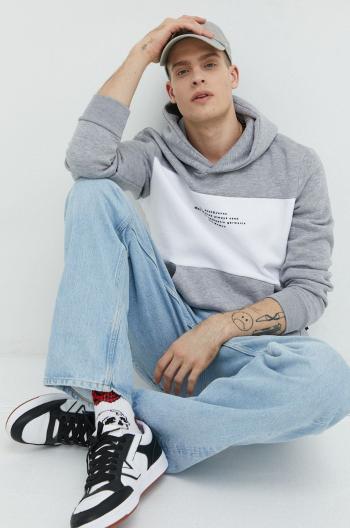 Mikina Jack & Jones pánská, šedá barva, s kapucí, s potiskem