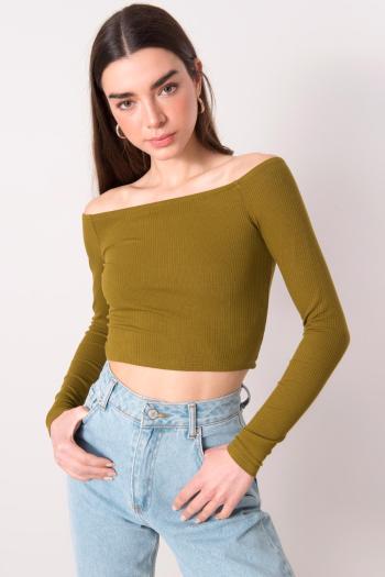 KHAKI ŽEBROVANÝ CROP TOP S DLOUHÝMI RUKÁVY 15900-OLIVE Velikost: XS