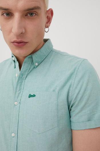 Bavlněné tričko Superdry zelená barva, regular, s límečkem button-down