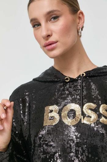 Mikina BOSS dámská, černá barva, s kapucí, s aplikací