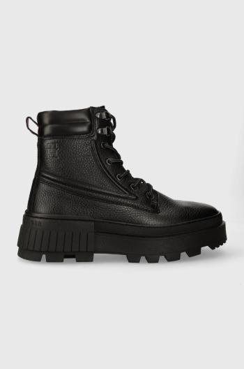 Kožené trapery Tommy Hilfiger TH ELEVATED CHUNKY W LTH BOOT pánské, černá barva, FM0FM04808