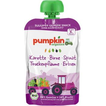 Pumpkin Organics BIO mrkev, špenát, hrášek s hruškou, sušené švestky dětský příkrm 100 g