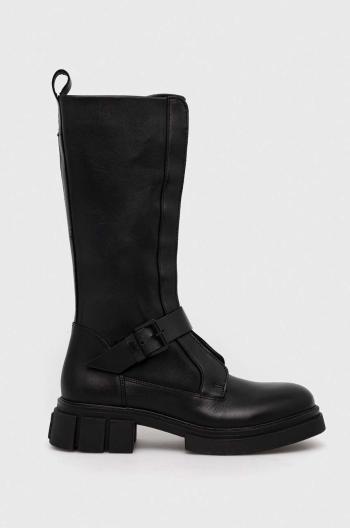 Kožené kozačky Tommy Hilfiger COOL MONOCHROMATIC BIKERBOOT dámské, černá barva, na plochém podpatku, FW0FW07338