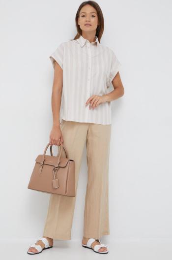 Plátěné kalhoty Sisley dámské, béžová barva, jednoduché, high waist