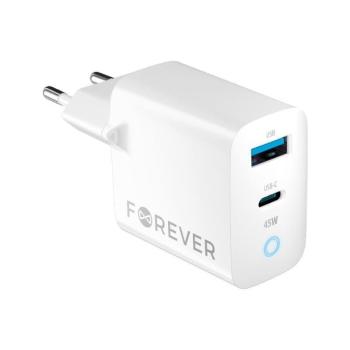 Forever rychlonabíječka do sítě GaN TC-06-45AC GaN PD QC charger 1× USB-C 1× USB 45 W bílá (GSM171396)