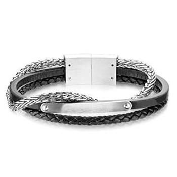 Šperky4U Kožený náramek s ocelovým řetězem a destičkou, délka 20 cm - NR1230-20