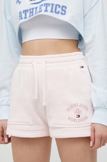 Bavlněné šortky Tommy Jeans růžová barva, s potiskem, high waist