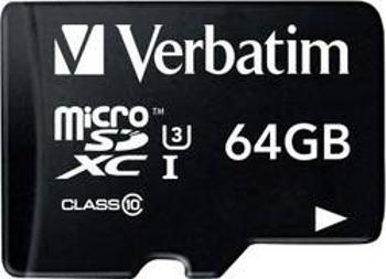 Paměťová karta microSDXC, 64 GB, Verbatim PRO, Class 10, UHS-I, UHS-Class 3, vč. SD adaptéru