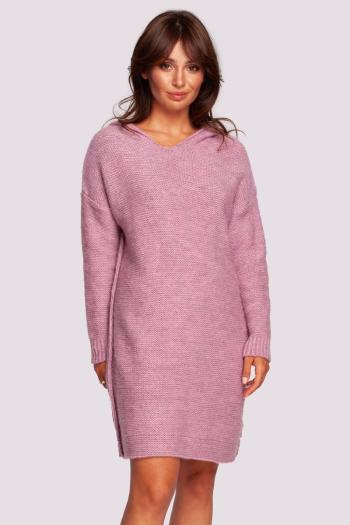 Růžové svetrové šaty s kapucí BK089