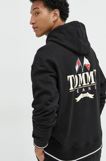 Bavlněná mikina Tommy Jeans pánská, černá barva, s kapucí, s potiskem
