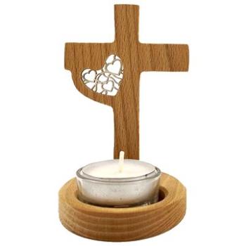 AMADEA Dřevěný svícen kříž z masivního dřeva s vkladem - srdce, výška 12 cm (38083-00)
