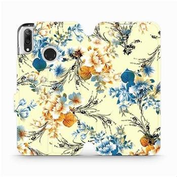 Flipové pouzdro na mobil Huawei Y7 2019 - MX05S Modré a oranžové květy na žlutém pozadí (5903516015955)