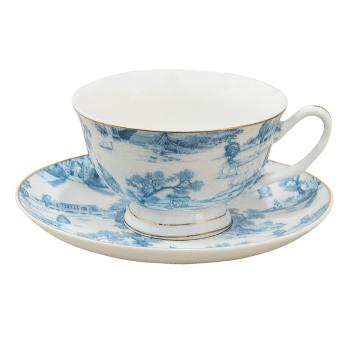 Bílo-modrý porcelánový šálek s podšálkem Chateau  - Ø 10*6 / Ø 15*2 cm / 250 ml 6CEKS0001BL