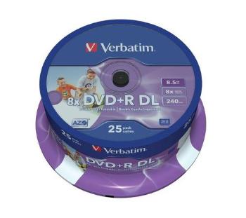 DVD+R DL, 8,5GB, 8x, Printable, no-ID, Verbatim, Double Layer, 25-cake, bal. 25 ks, 43667