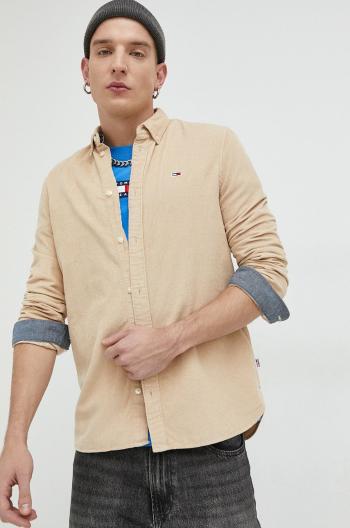 Manšestrová košile Tommy Jeans pánská, béžová barva, regular, s límečkem button-down