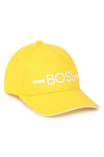 Dětská bavlněná čepice Boss žlutá barva, s aplikací