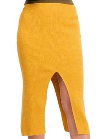 Tmavě-žlutá pletená dámská sukně s rozparkem vel. XS