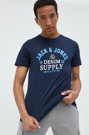 Bavlněné tričko Jack & Jones tmavomodrá barva, s potiskem