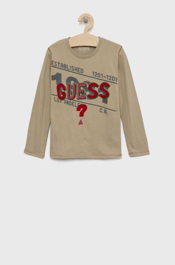 Dětská bavlněná košile s dlouhým rukávem Guess béžová barva, s aplikací