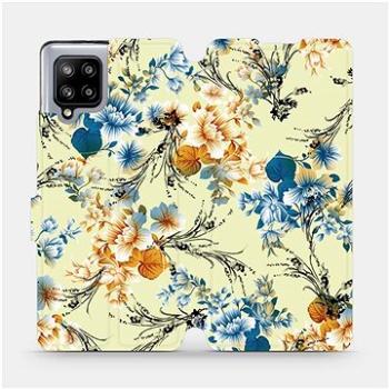Flipové pouzdro na mobil Samsung Galaxy A42 5G - MX05S Modré a oranžové květy na žlutém pozadí (5903516404360)