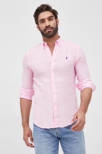 Plátěná košile Polo Ralph Lauren pánská, růžová barva, slim, s límečkem button-down