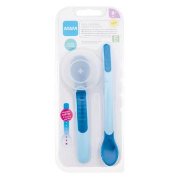 MAM Heat Sensitive Spoons & Cover 6m+ Blue nádobí dlouhá lžíce 1 ks + krátká lžíce 1 ks + pouzdro na lžíce pro děti