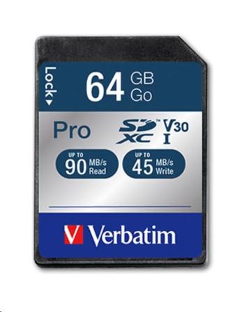 VERBATIM SDXC karta 64GB Pro, U3, V30 (R:90/W:45 MB/s)