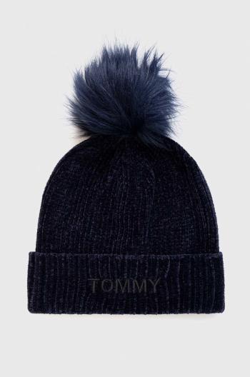Dětska čepice Tommy Hilfiger tmavomodrá barva, z tenké pleteniny