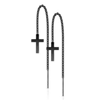Šperky4U Černé provlékací ocelové náušnice s křížky - OPN1750-K