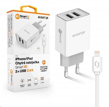 Aligator síťová nabíječka, 2x USB, kabel Lightning 2A, smart IC, 2, 4 A, bílá